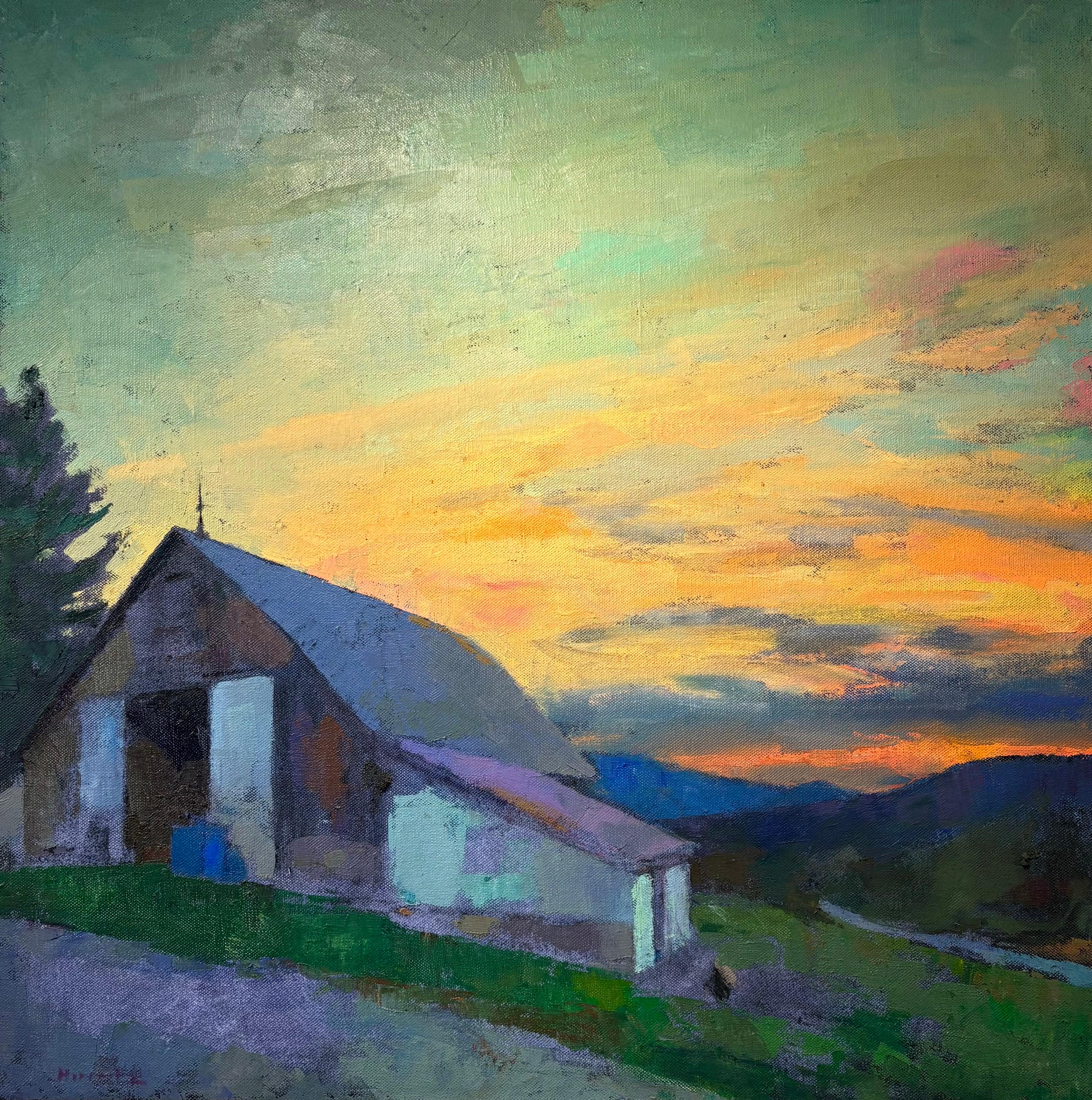 Larry Horowitz Landscape Painting – "The Sunset Solitude" - die Sonne wärmt den Himmel über einem Haus in den Bergen