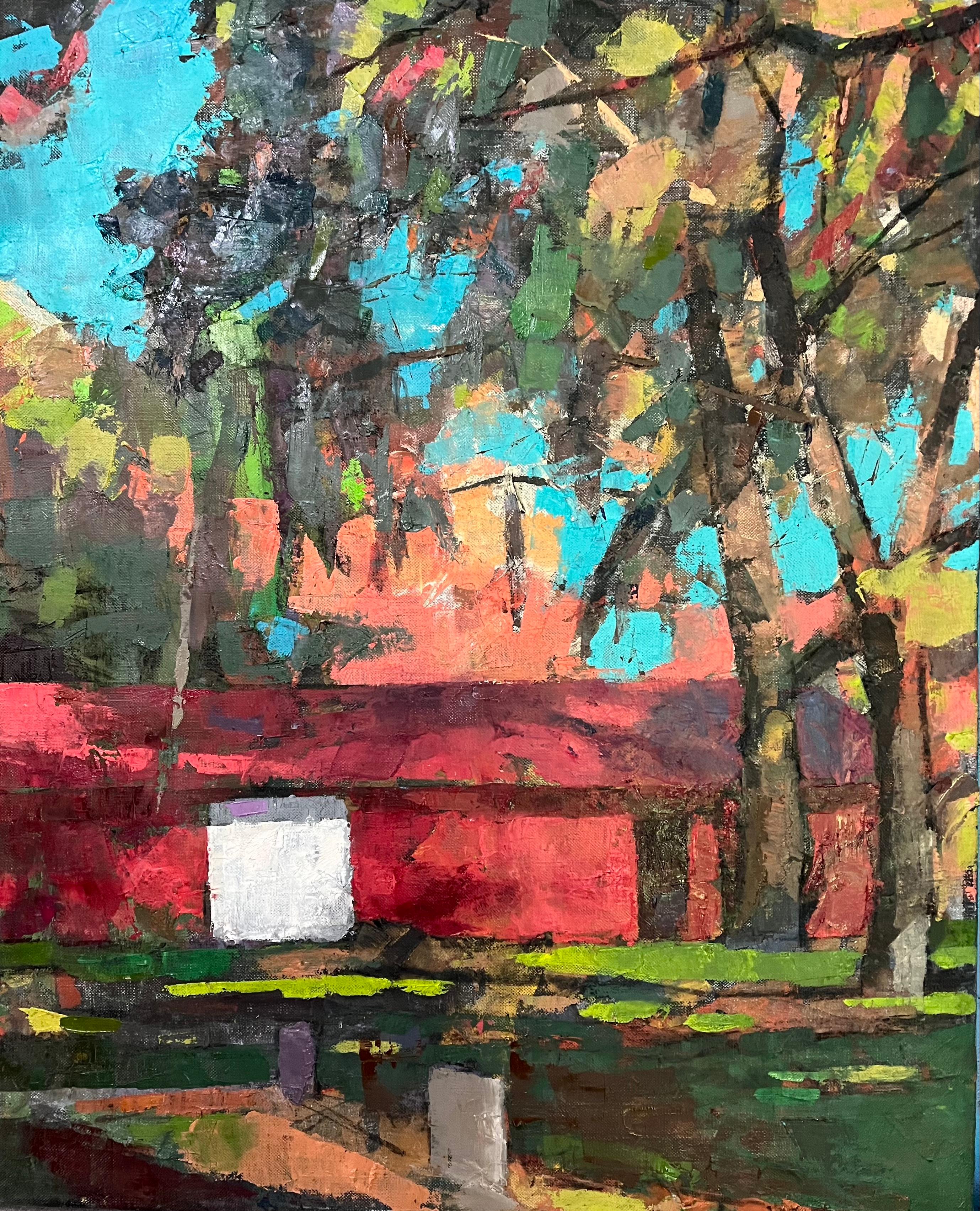 "The Barn at Penn Center", Bäume mit Herbstlaub umgeben die rote Scheune