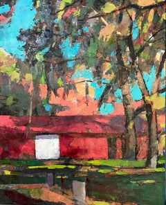 "Il fienile del Penn Center", alberi con fogliame autunnale circondano il fienile rosso