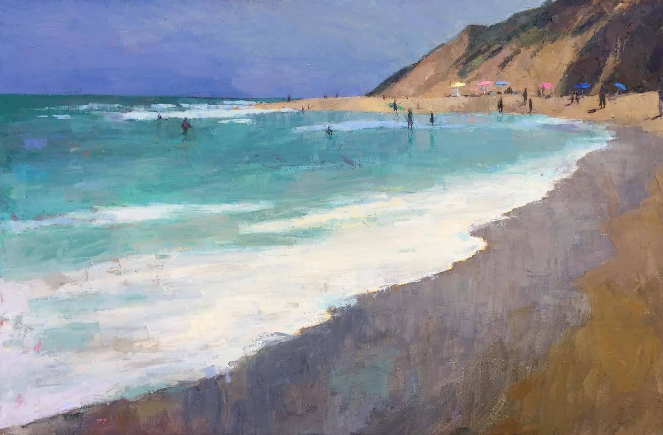 Larry Horowitz Landscape Painting - "The Surf" Painterly Landscape, Blue and Turquoise Ocean, Brown Sienna Beach