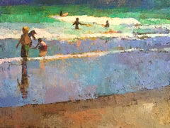 "Tidal Play" oil painting of kids playing at the teal blue shore