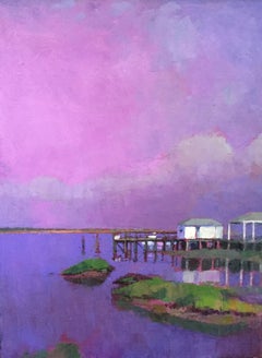"Ultramarine Pink Mood" Oil painting of docks with pink and purple water and sky
