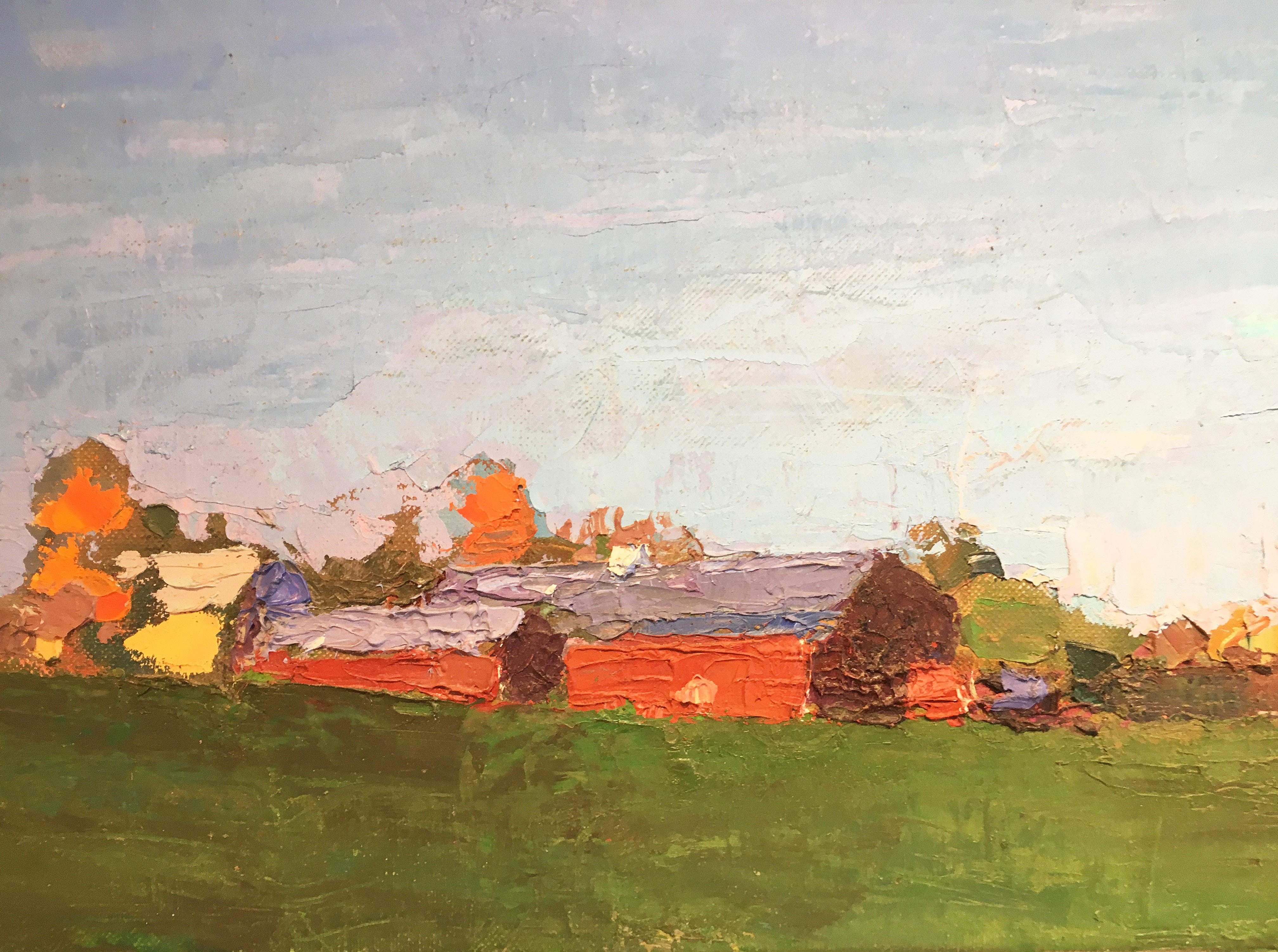 'Vermont Fall Panorama’ 2009 by Contemporary American impressionist landscape artist, Larry Horowitz. Oil on canvas, 10 x 48 in. This painting features an Impressionist rural landscape in rich colors of blue, green, red, orange, brown, yellow, grey,