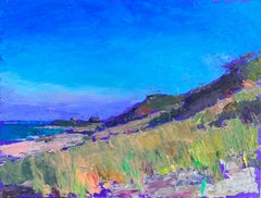 „Vibrant Day“ Ölgemälde eines Strandes mit dunklem Gras und blauem Himmel