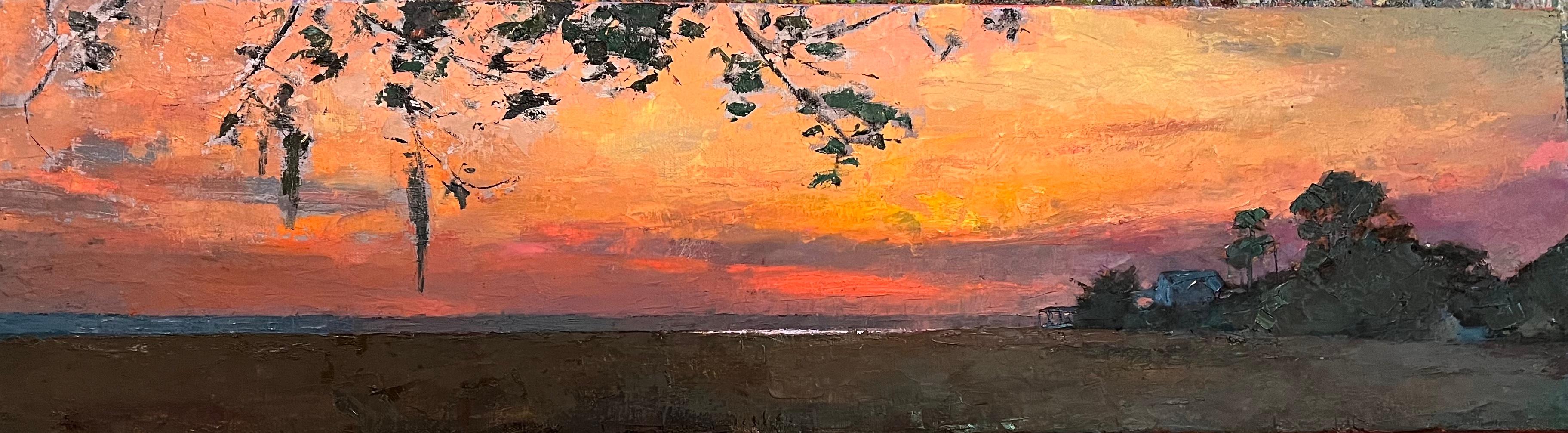 "Vibrant Sunset Over the Marsh" pink and orange sunset - Painting by Larry Horowitz