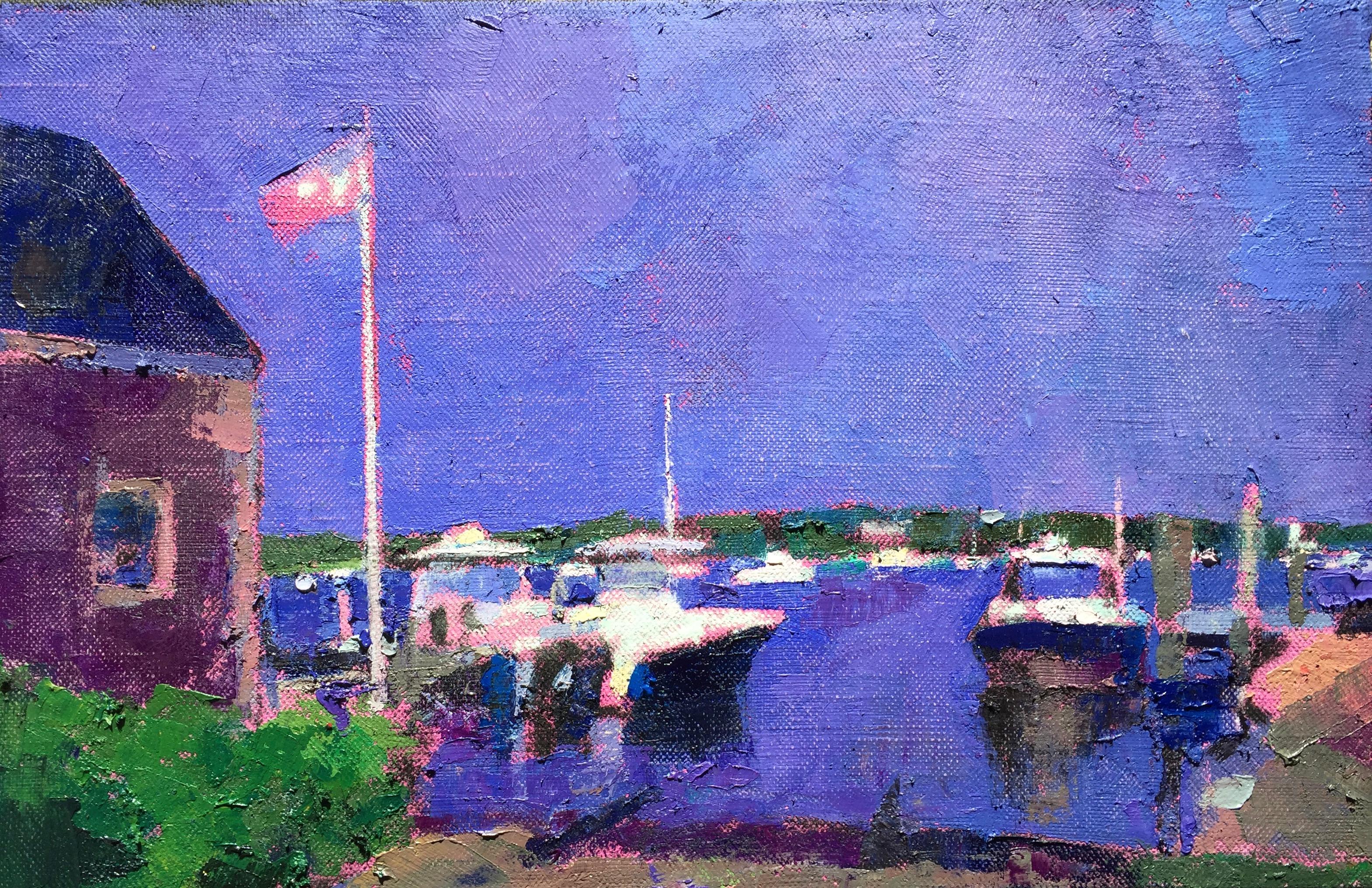 "Violet Harbor" oil painting of dark blue sky over Edgartown Harbor