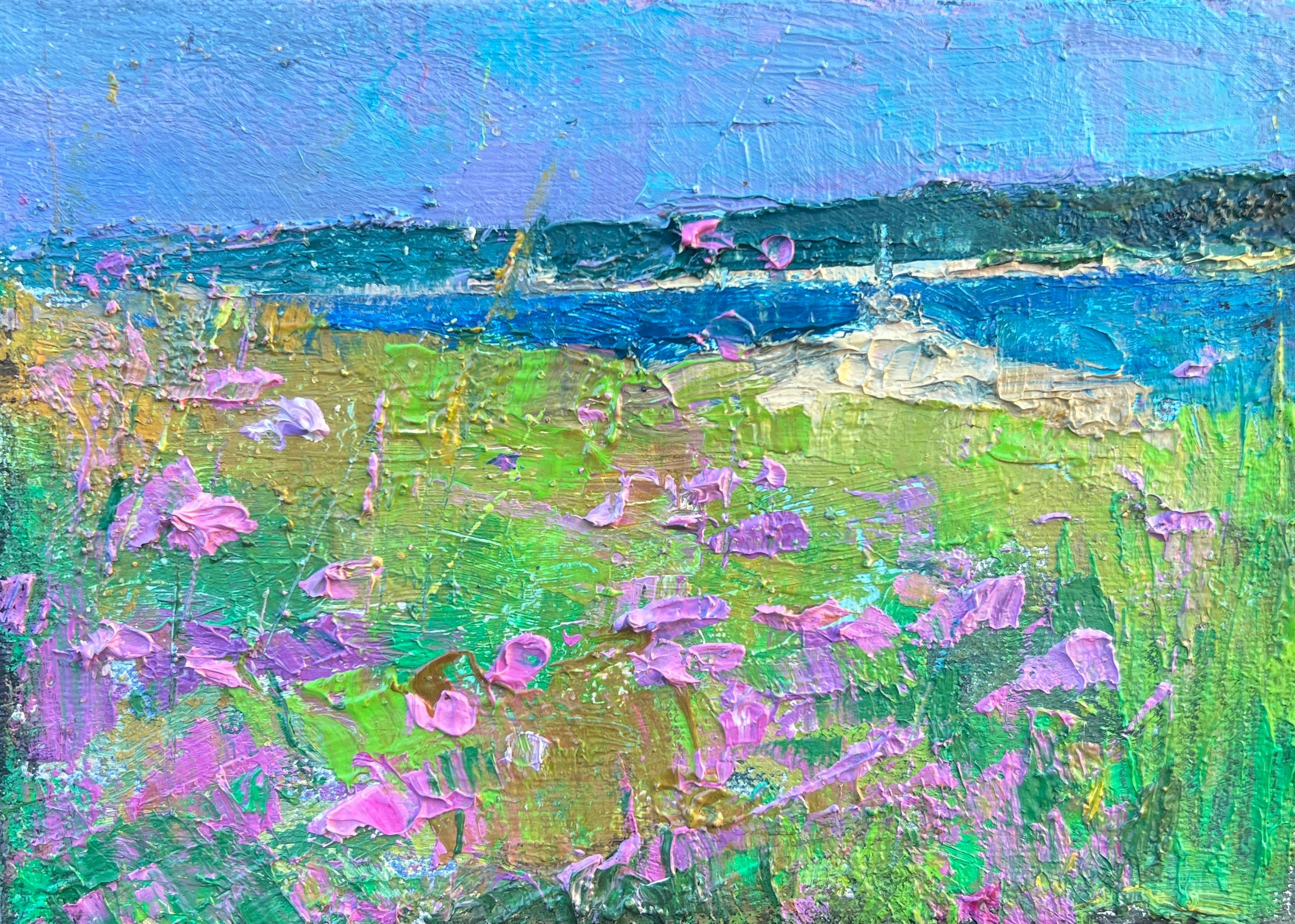 Larry Horowitz Landscape Painting – Kleinformatiges Ölgemälde „Wildblumen des Frühlings“ aus rosa Blumen in Waldgras