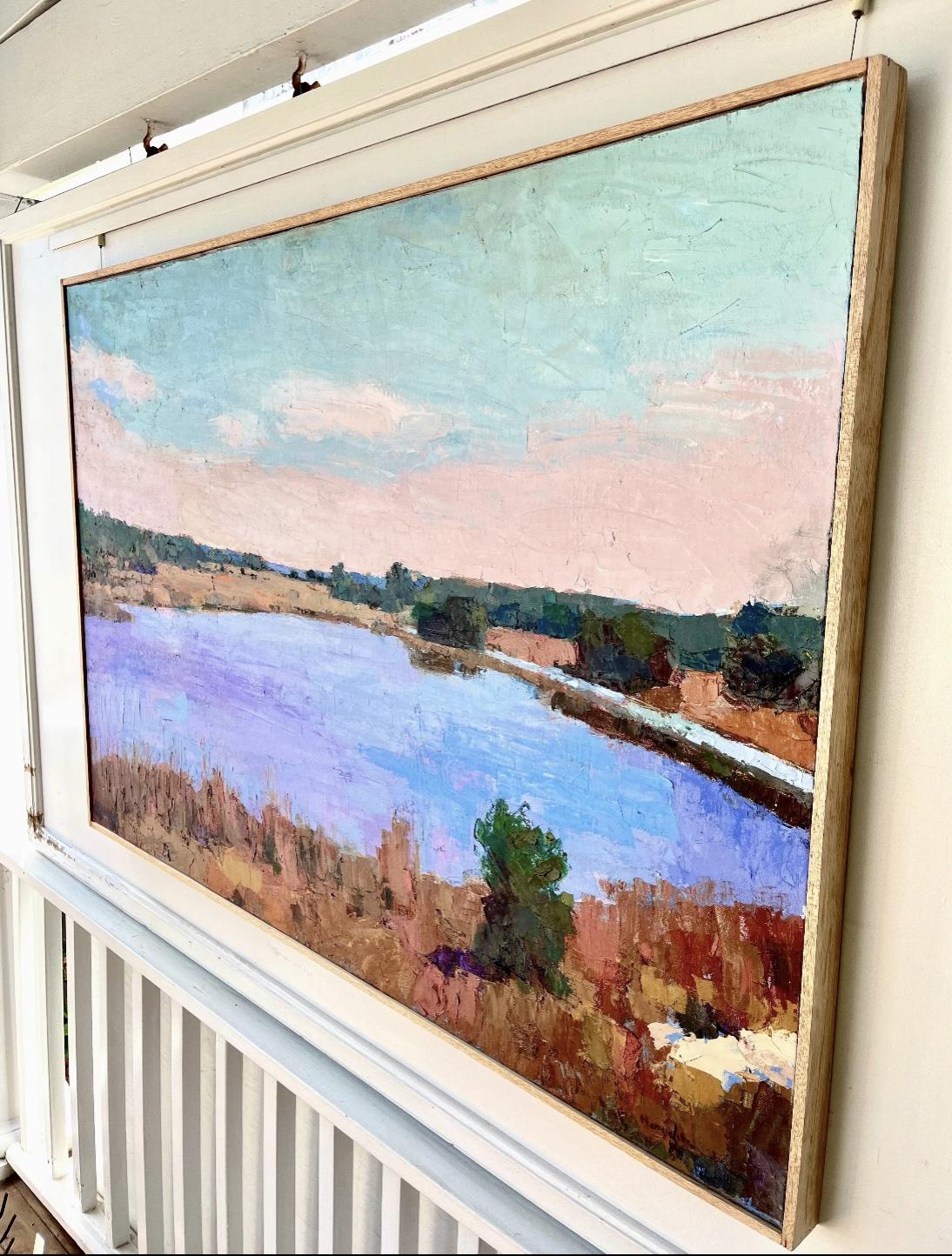 Landschaftsgemälde „Wildlife Refuge“, Ölgemälde eines blauen Sees mit Sumpfland und Himmel – Painting von Larry Horowitz