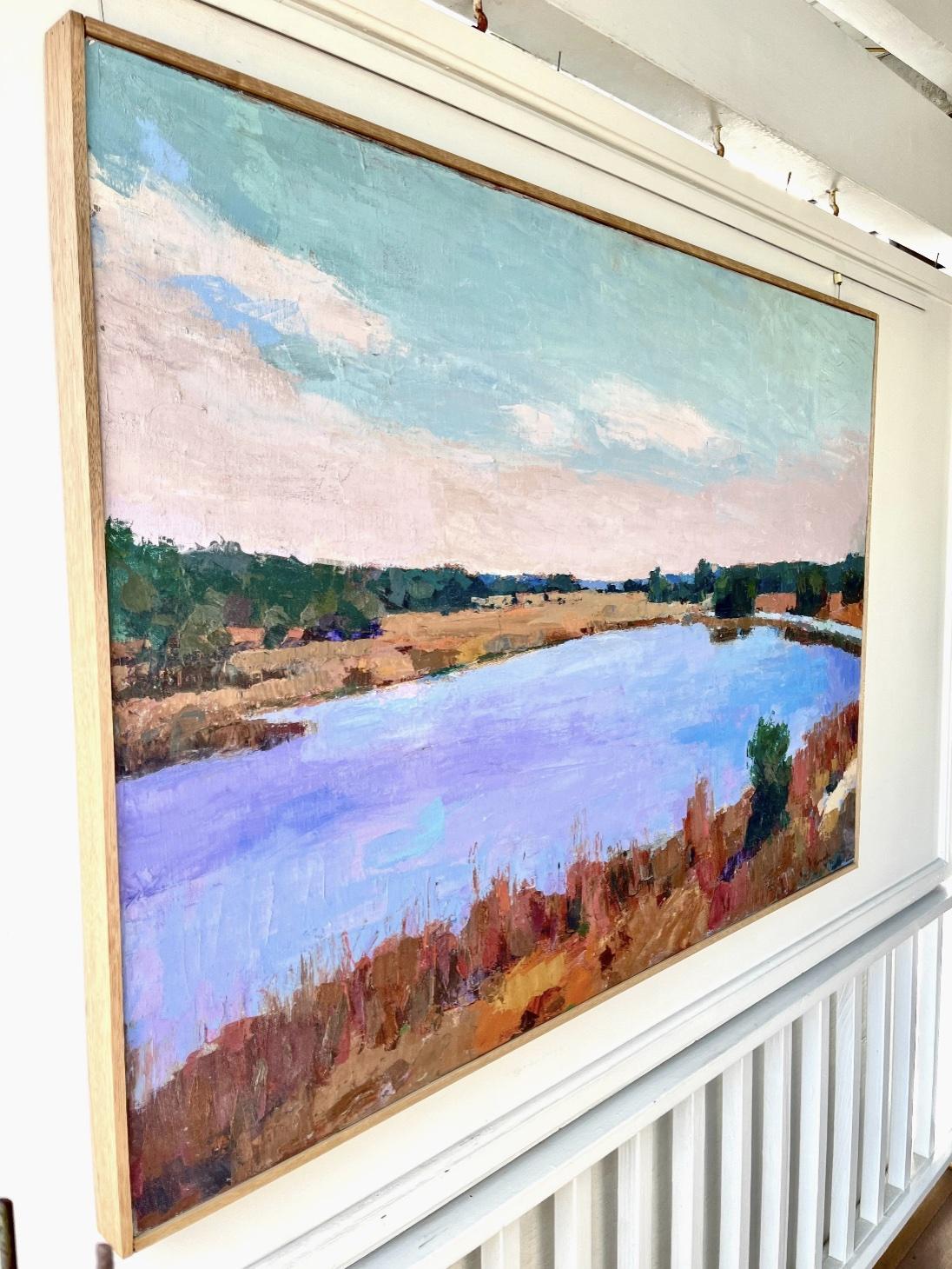 Landschaftsgemälde „Wildlife Refuge“, Ölgemälde eines blauen Sees mit Sumpfland und Himmel (Blau), Landscape Painting, von Larry Horowitz