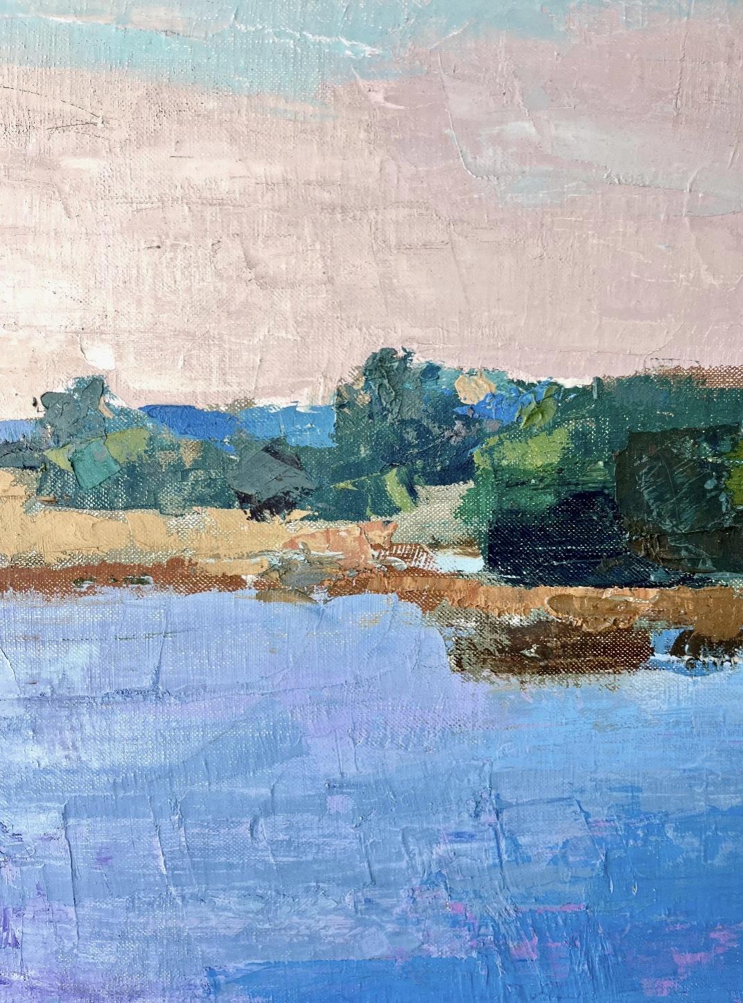 Landschaftsgemälde „Wildlife Refuge“, Ölgemälde eines blauen Sees mit Sumpfland und Himmel im Angebot 1