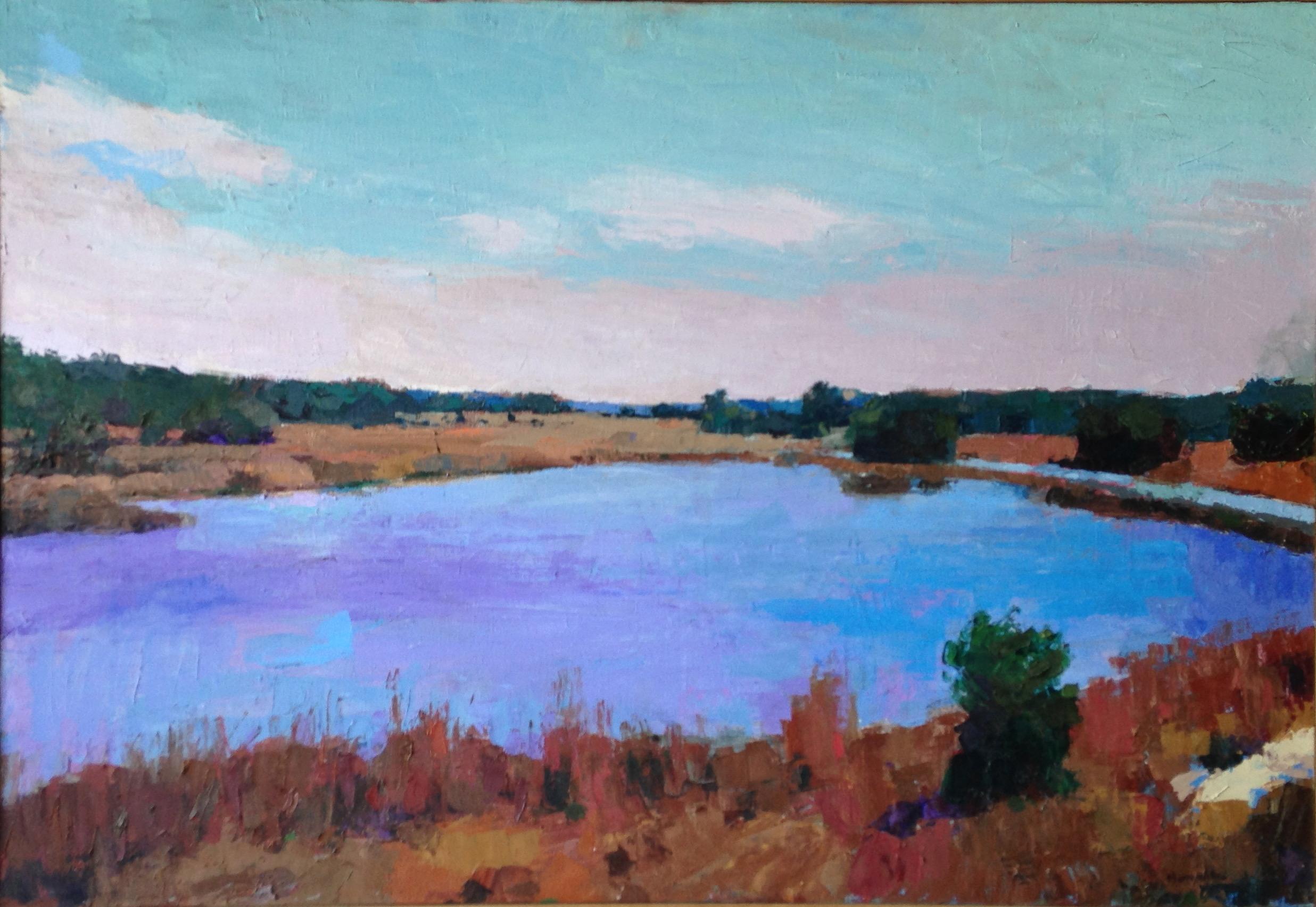 Landscape Painting Larry Horowitz - Peinture à l'huile "Wildlife Refuge", paysage d'un lac bleu avec marais et ciel