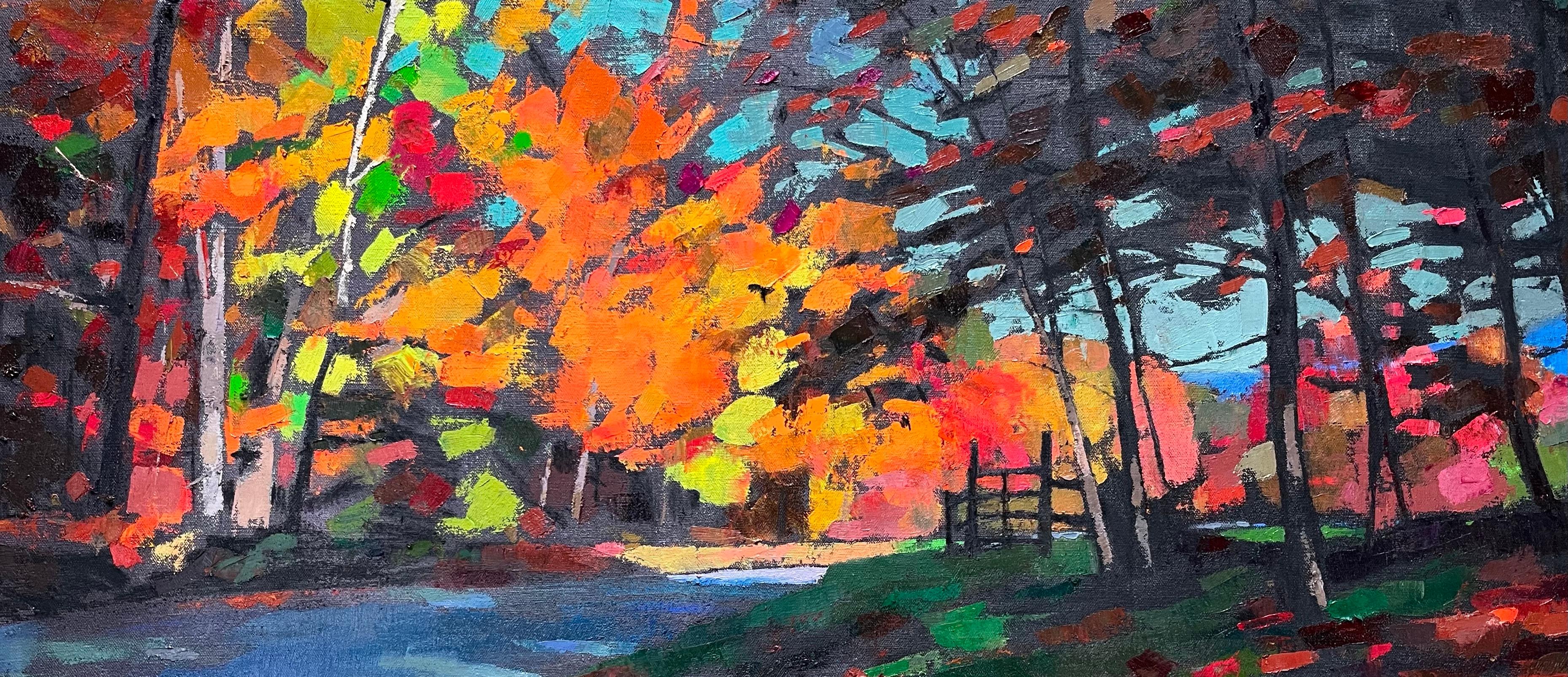 Larry Horowitz Landscape Painting - "Woodland Shadows" fall in New England: colorful trees mark the path