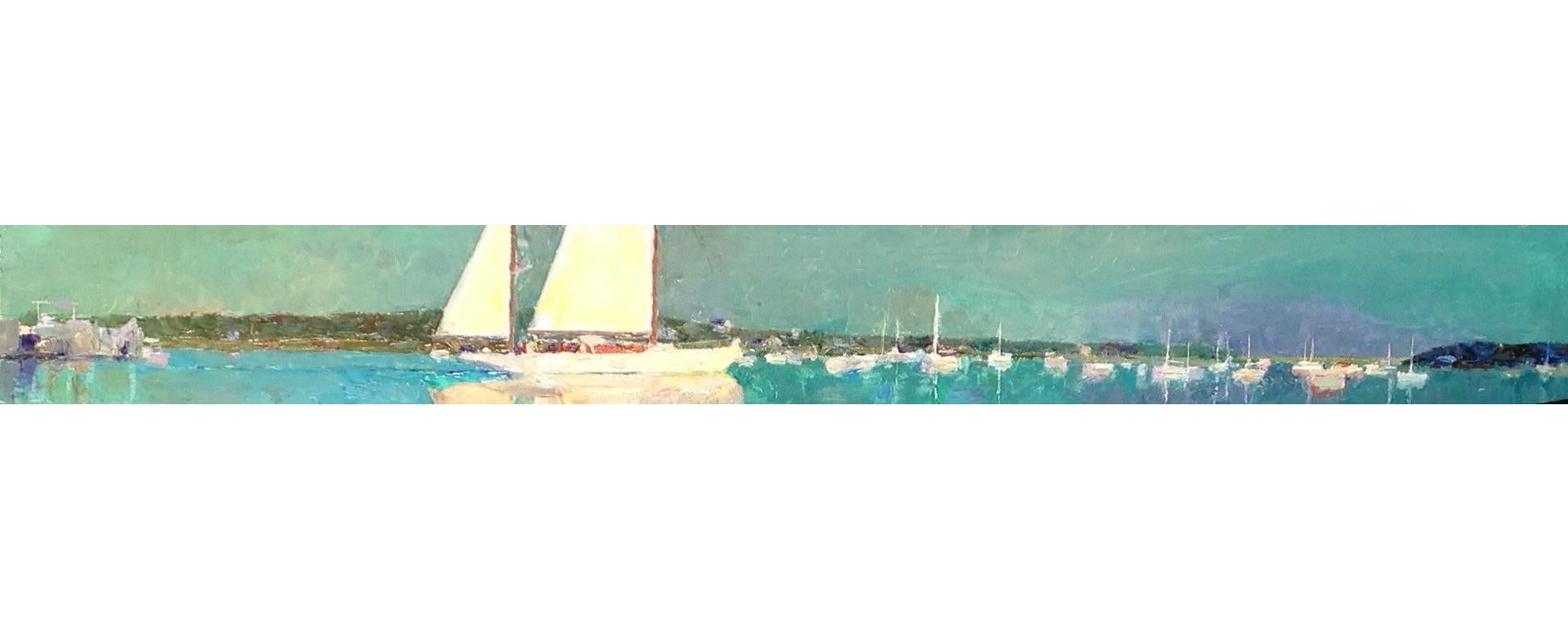 Larry Horowitz Landscape Painting - "Yawl in the Harbor" panoramic oil painting of a Sailboat in Edgartown Harbor