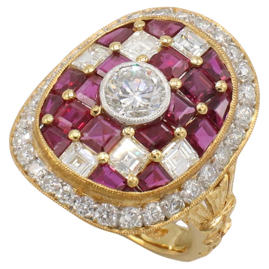 Larry Jewelry 18 Karat Yellow Gold Natural Diamond & Ruby Cocktail Ring 
Metal: 18k yellow gold
Weight: 8.5 grams
Diamonds: Approx. 2.25 CTW F-G VS natural diamonds. Center round diamond is approx. .50 carat
Top: 22.5 x 18.5mm
Size: 6 (US)
Signed: