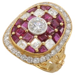 Larry Jewelry 18 Karat Yellow Gold Natural Diamond & Ruby Cocktail Ring