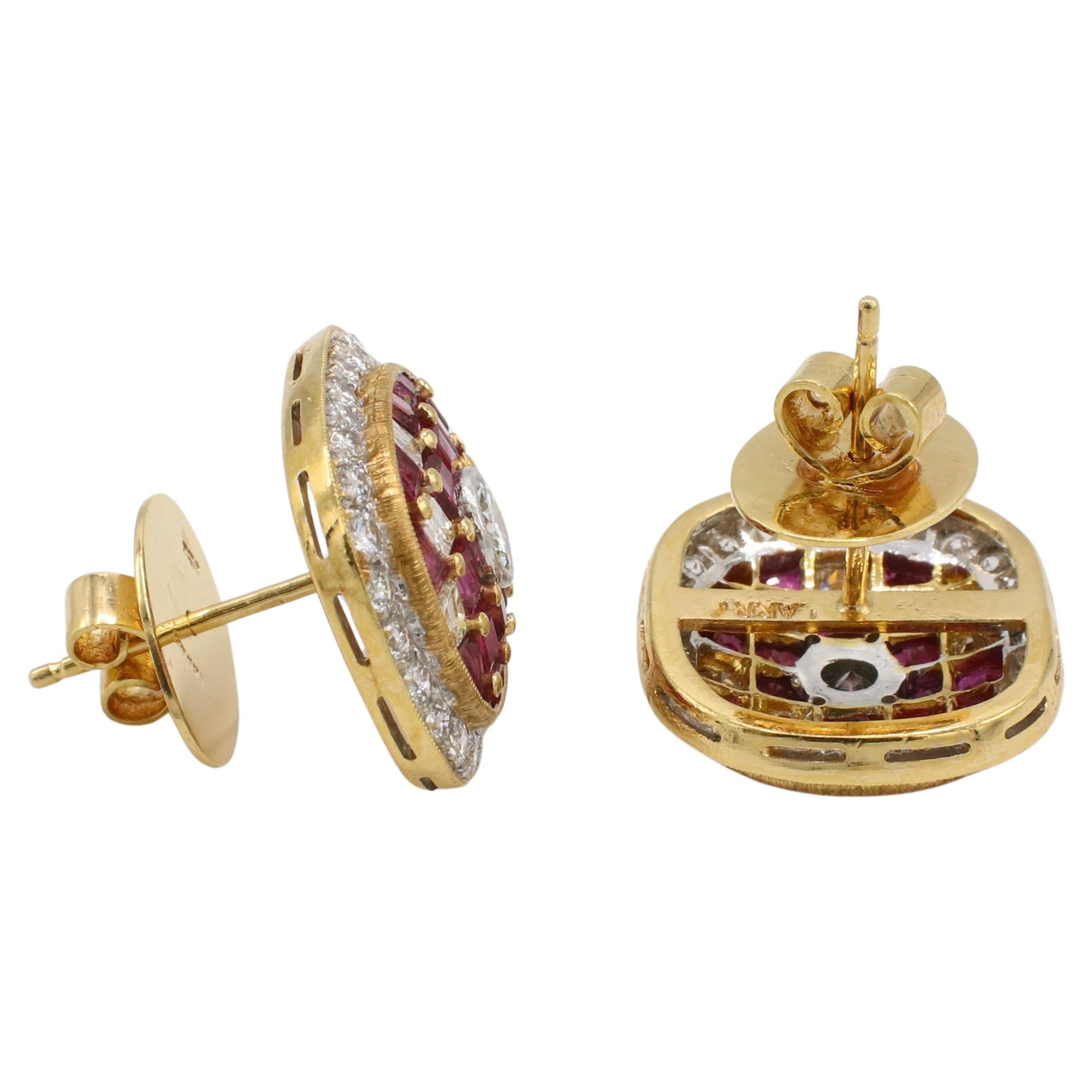 Larry Jewelry 18 Karat Yellow Gold Natural Diamond & Ruby Earrings 
Metal: 18k yellow gold
Weight: 12.09 grams
Dimensions: 20 x 17mm
Backs: Push backs
Diamonds: Approx. 3.25 carats round G VS natural diamonds
Signed: LARRY 750
