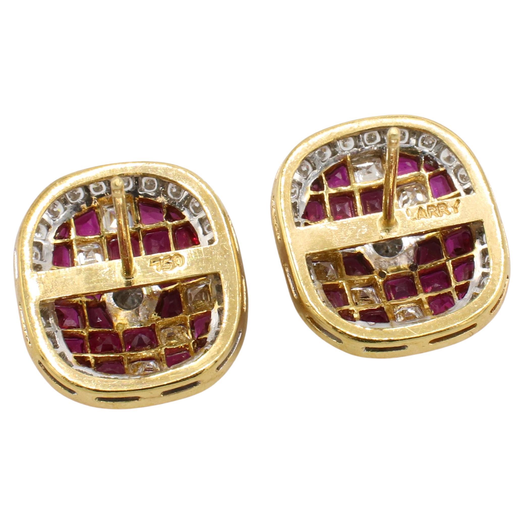 Modern Larry Jewelry 18 Karat Yellow Gold Natural Diamond & Ruby Earrings