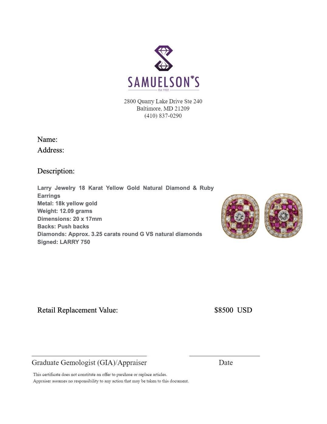 Larry Jewelry 18 Karat Yellow Gold Natural Diamond & Ruby Earrings In Excellent Condition In  Baltimore, MD