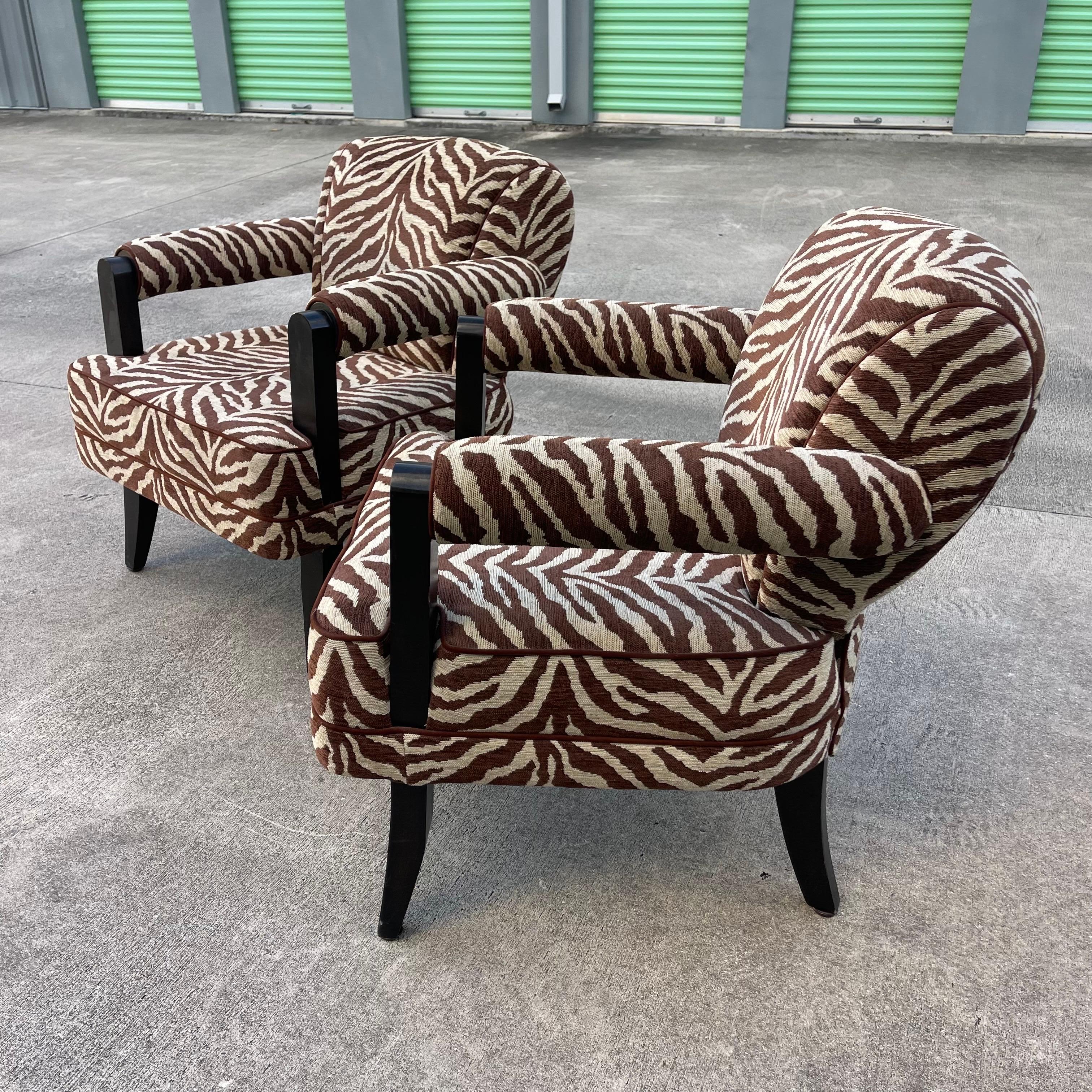 Larry Laslo for Directional Zebra Pattern Wood Frame Lounge Club Chairs, a Pair For Sale 12
