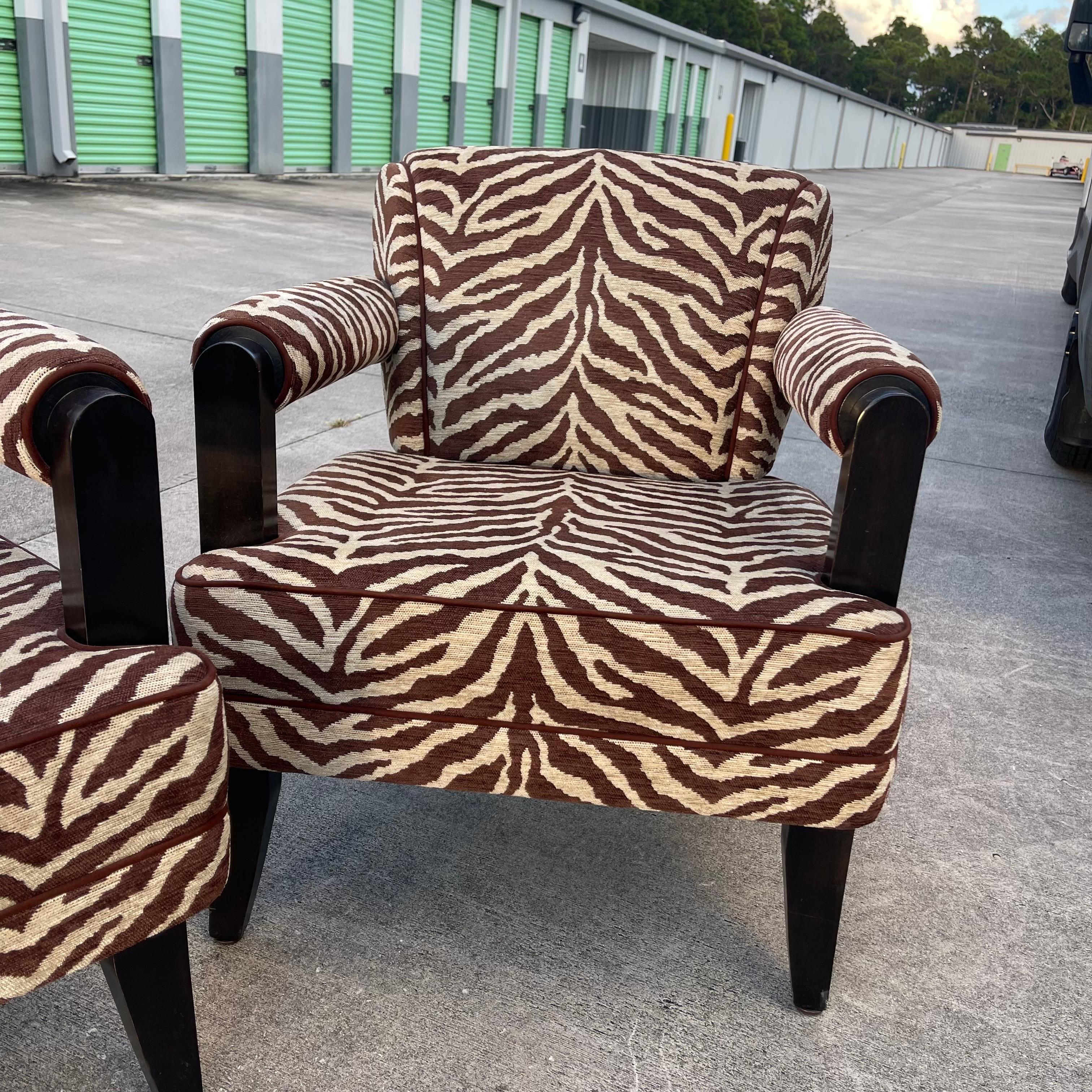 Larry Laslo for Directional Zebra Pattern Wood Frame Lounge Club Chairs, a Pair In Good Condition For Sale In Jensen Beach, FL