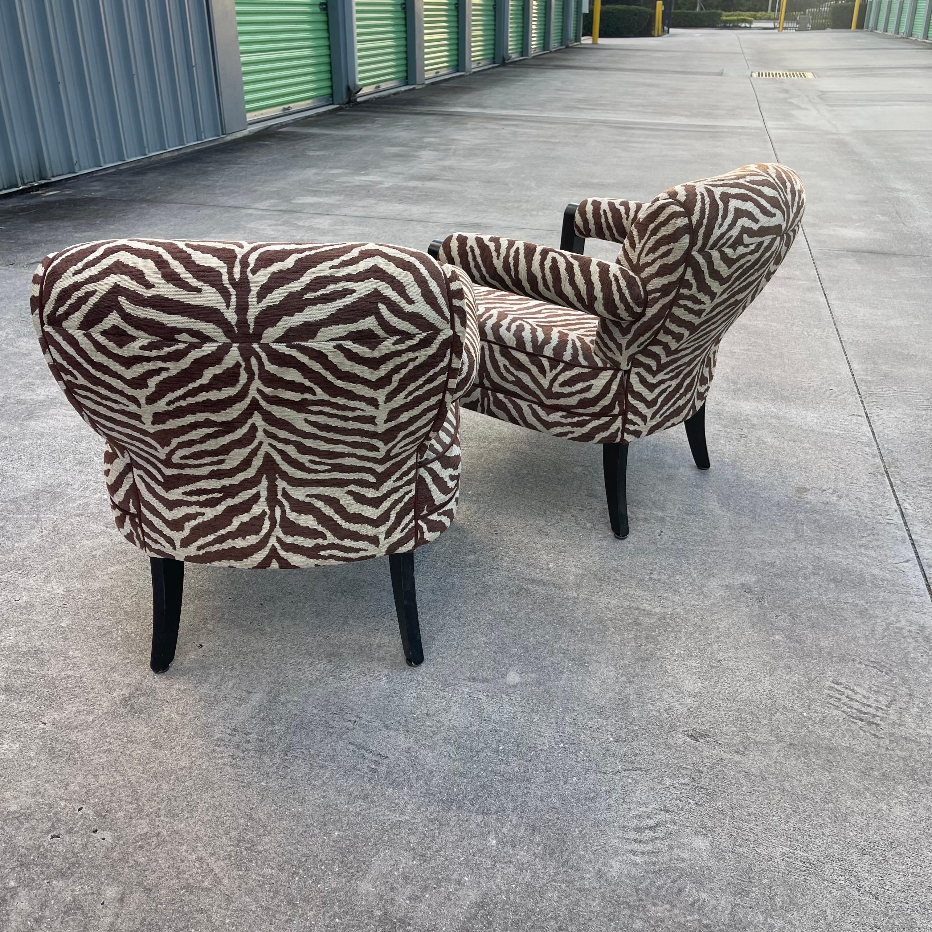 Upholstery Larry Laslo for Directional Zebra Pattern Wood Frame Lounge Club Chairs, a Pair For Sale