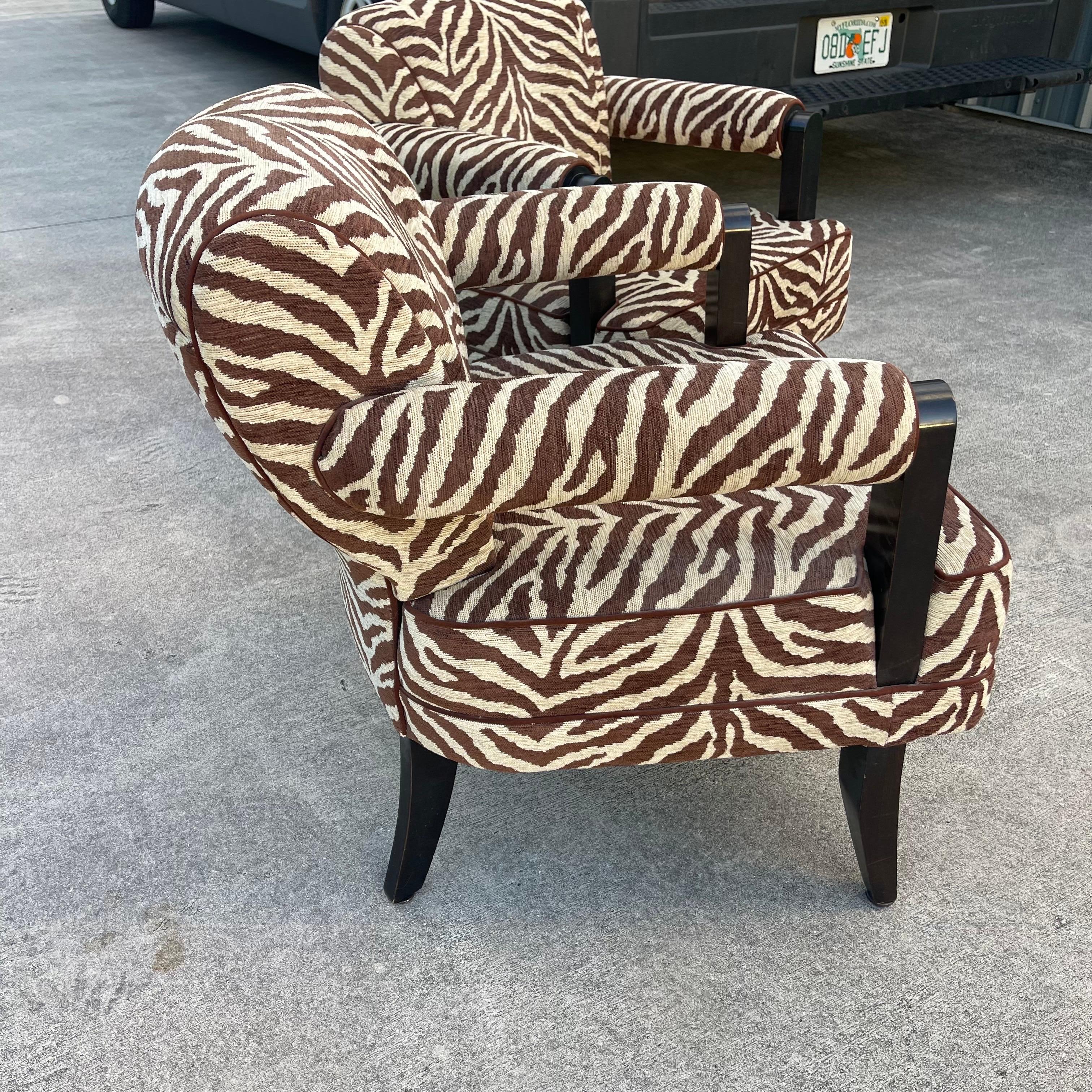 Larry Laslo for Directional Zebra Pattern Wood Frame Lounge Club Chairs, a Pair For Sale 3