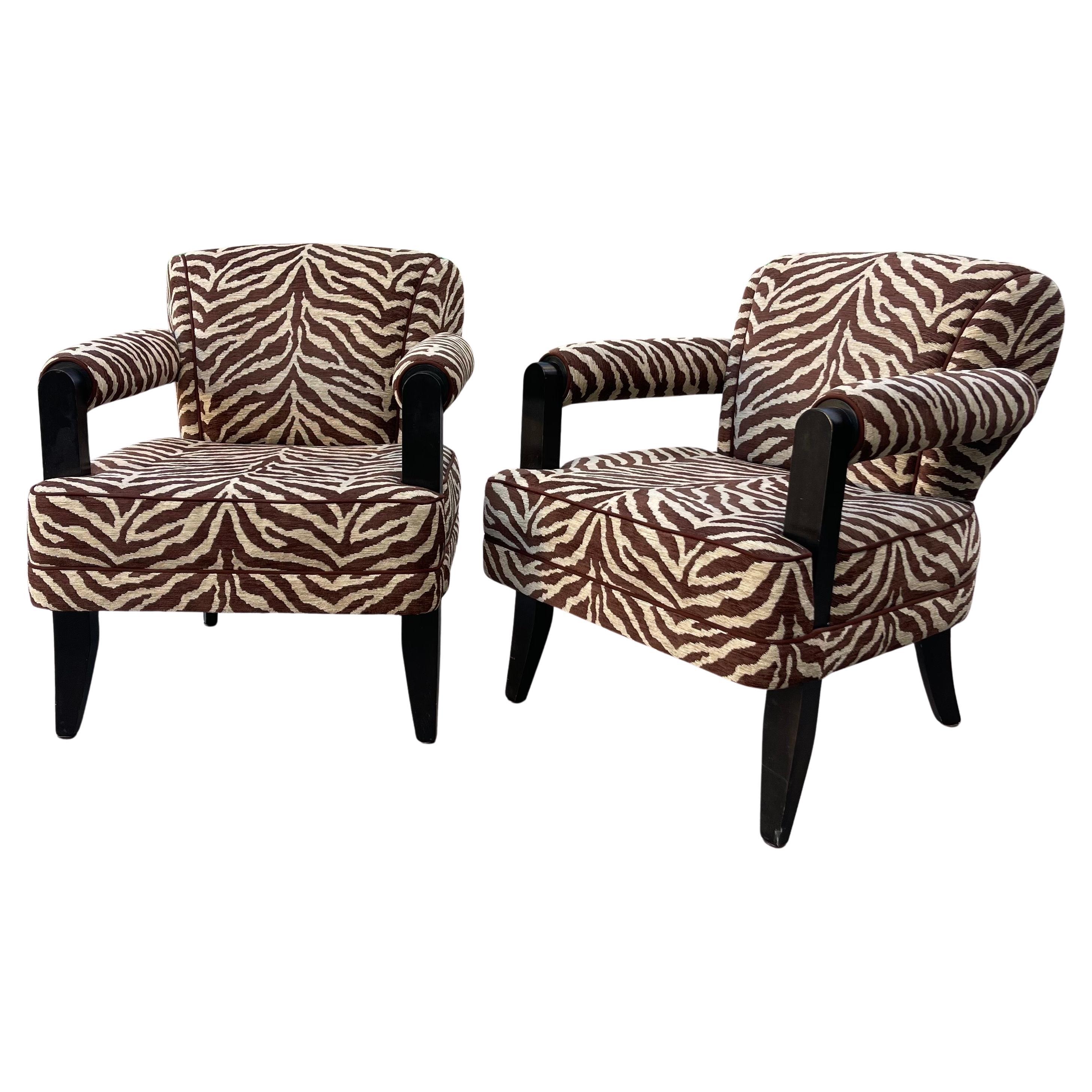 Larry Laslo for Directional Zebra Pattern Wood Frame Lounge Club Chairs, a Pair For Sale
