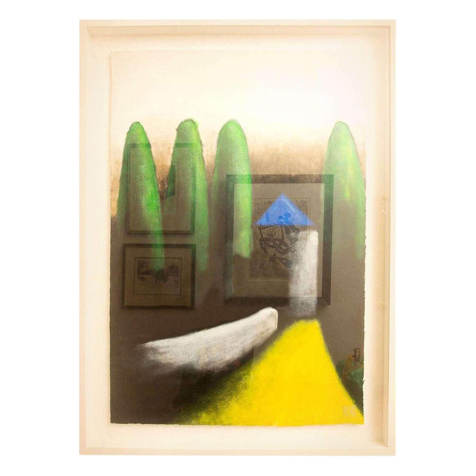 Larry Laslo MIxed Media Landscape Encadré sur mesure Vert, Gris, Jaune, Noir, 80's en vente