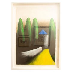 Larry Laslo Green, Yellow, Black Abstract Landscape on Paper Custom Framed