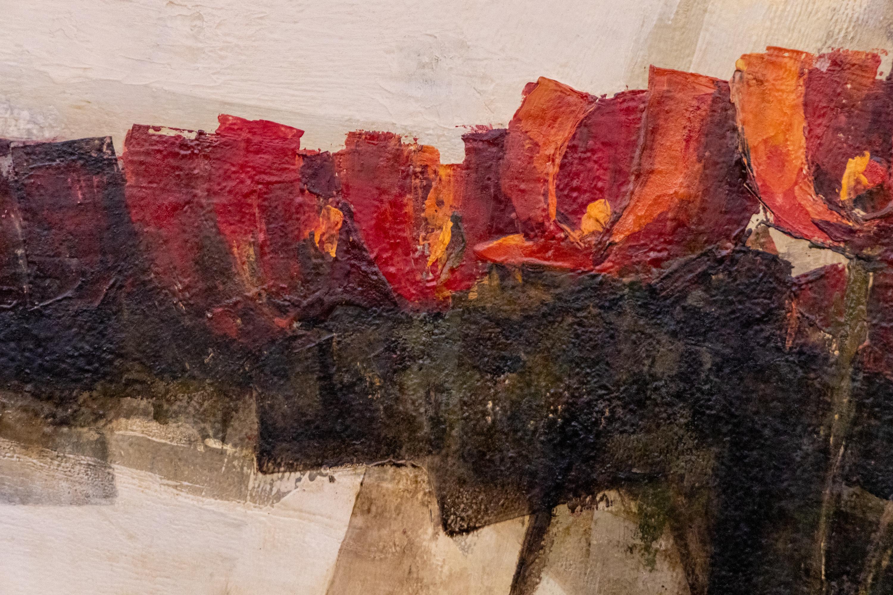 Original 1970er Abstraktes Blumen-Ölgemälde, Rot & Erdtöne, Kunst der Jahrhundertmitte im Angebot 3