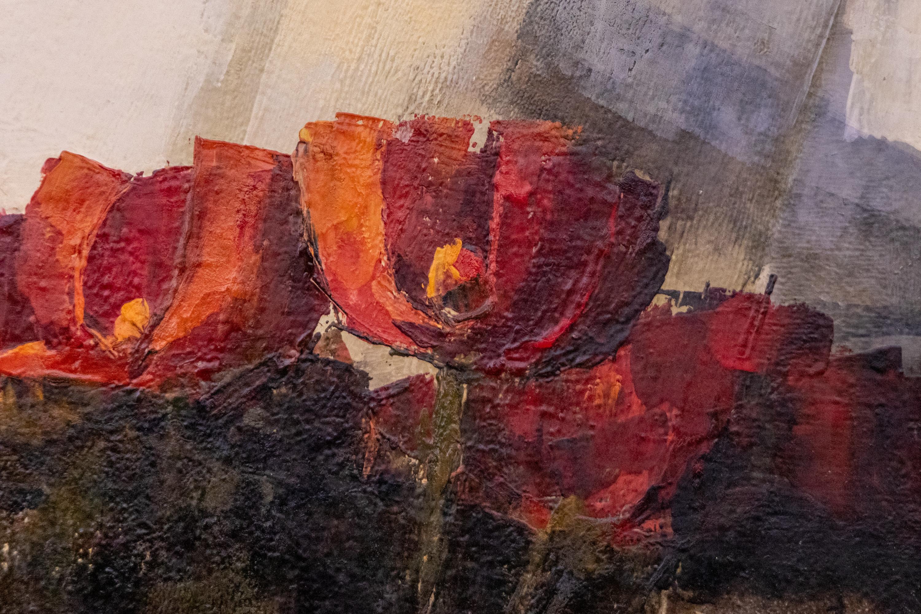 Original 1970er Abstraktes Blumen-Ölgemälde, Rot & Erdtöne, Kunst der Jahrhundertmitte im Angebot 4