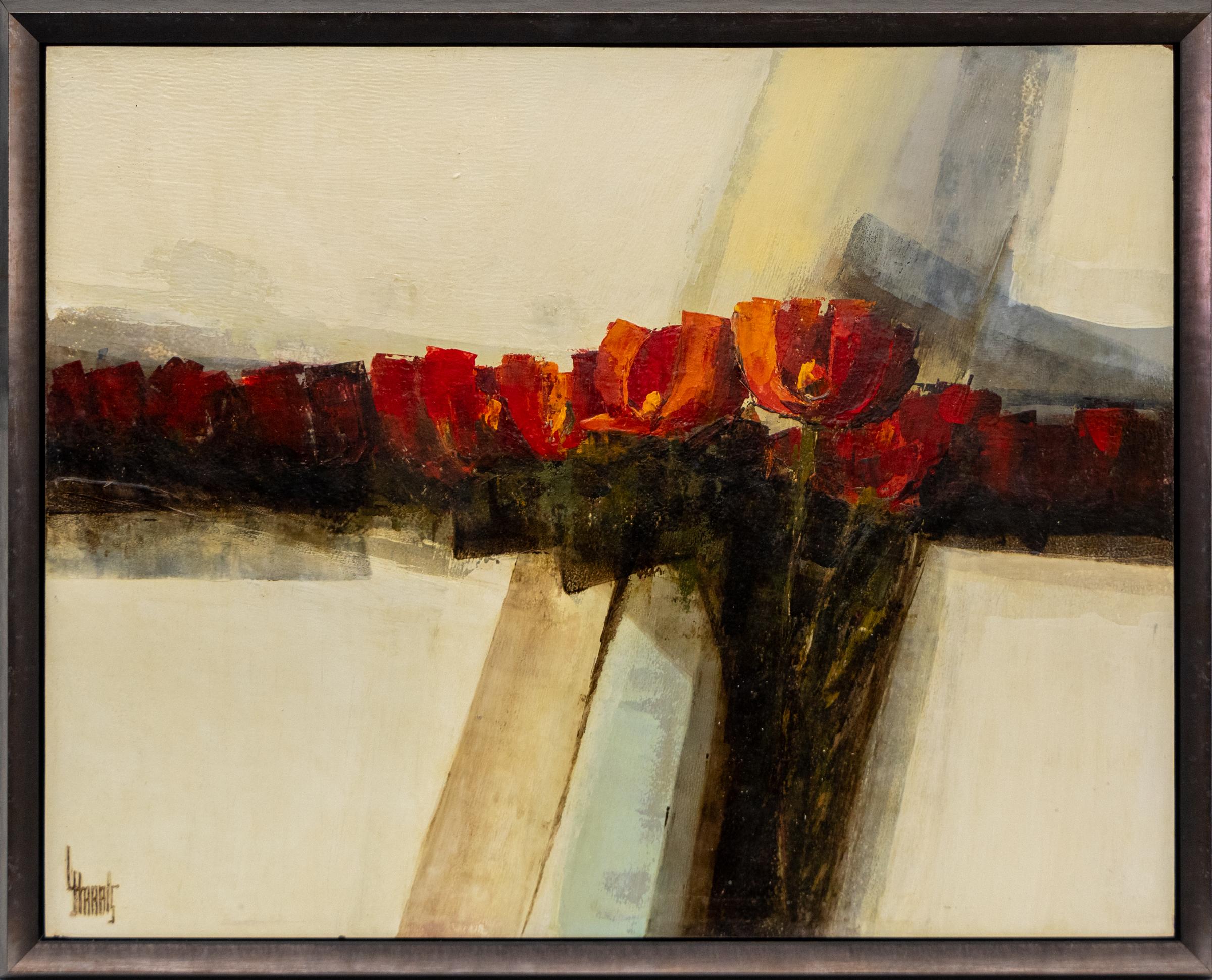 Pittura ad olio astratta floreale originale degli anni '70, toni rossi e terra, arte di metà secolo - Painting Astratto di Larry (Lawrence) Harris