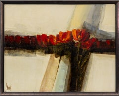 Original 1970s Abstract Floral Oil Painting, Red & Earth Tones, Mid-Century Art