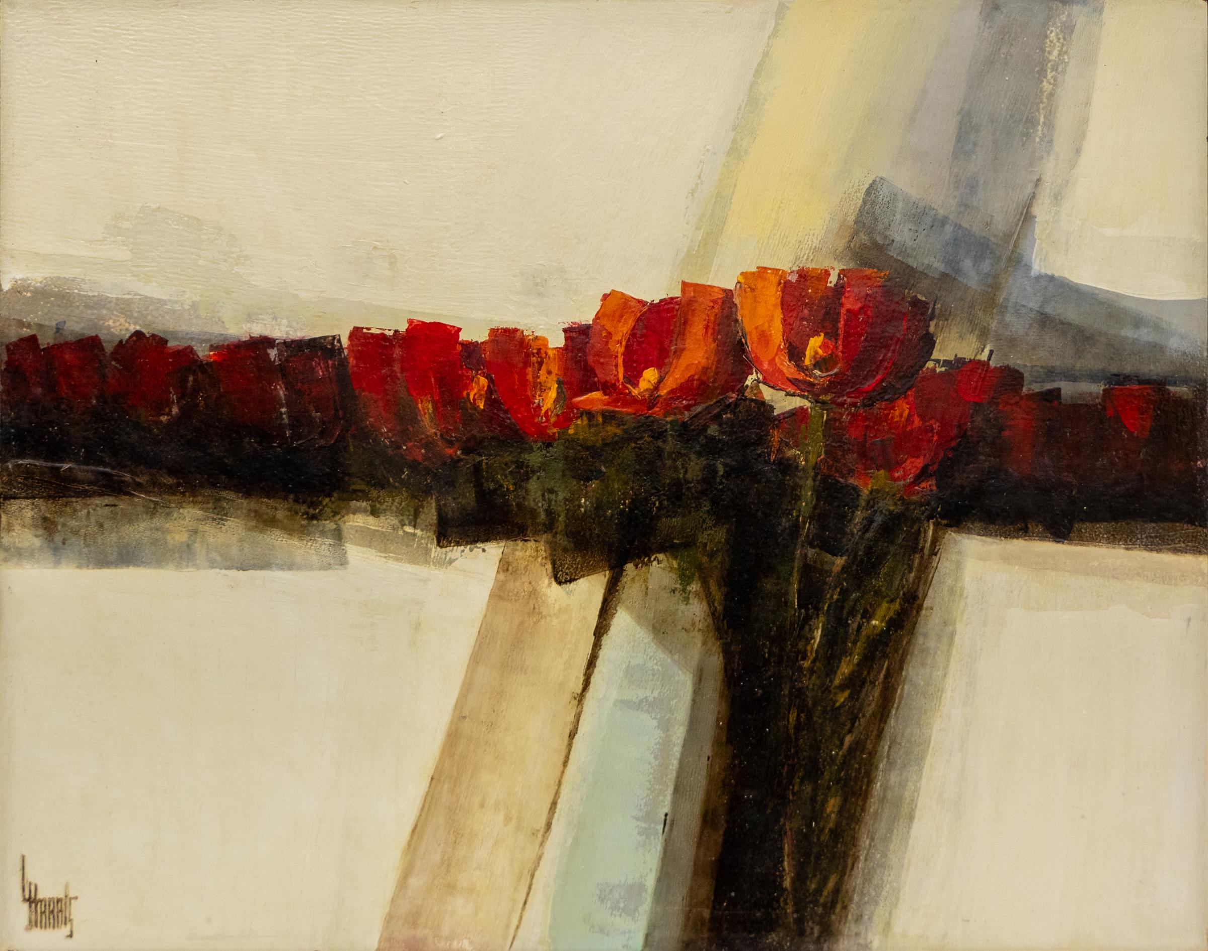 Questo splendido dipinto a olio semi-astratto d'epoca, creato da Lawrence Harris (noto anche come Larry Harris), mostra un'accattivante composizione di fiori rossi su una tavolozza di colori ricchi e terrosi. Risalente al 1975 circa, l'opera d'arte