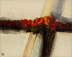 Original 1970s Abstract Floral Oil Painting, Red & Earth Tones, Mid-Century Art