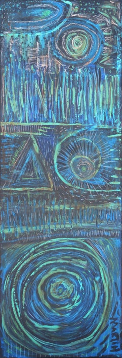 "Annunaki" Blue, Green, and Black Longitudinal Abstract Painting