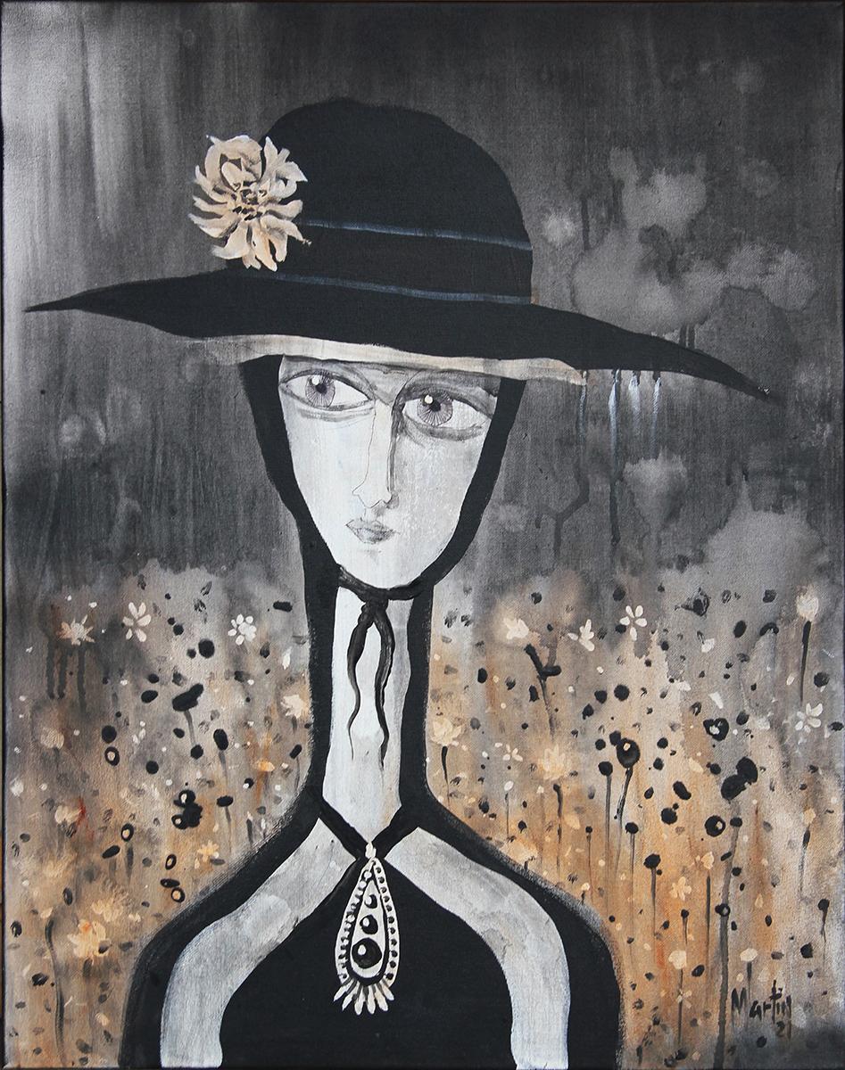 Larry Martin Portrait Painting - "Charlotte" Woman in a Hat Abstract Figurative Portrait