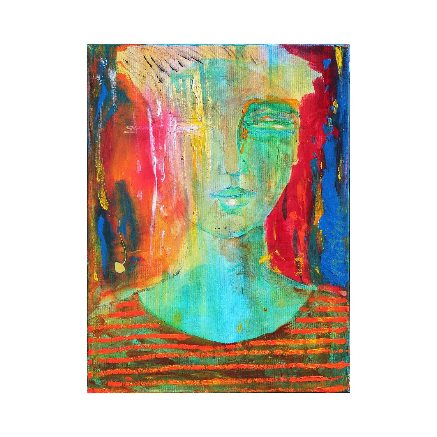 Colorful Contemporary Abstract Green, Red, Yellow & Blue Portrait of a Figure  - Painting by Larry Martin