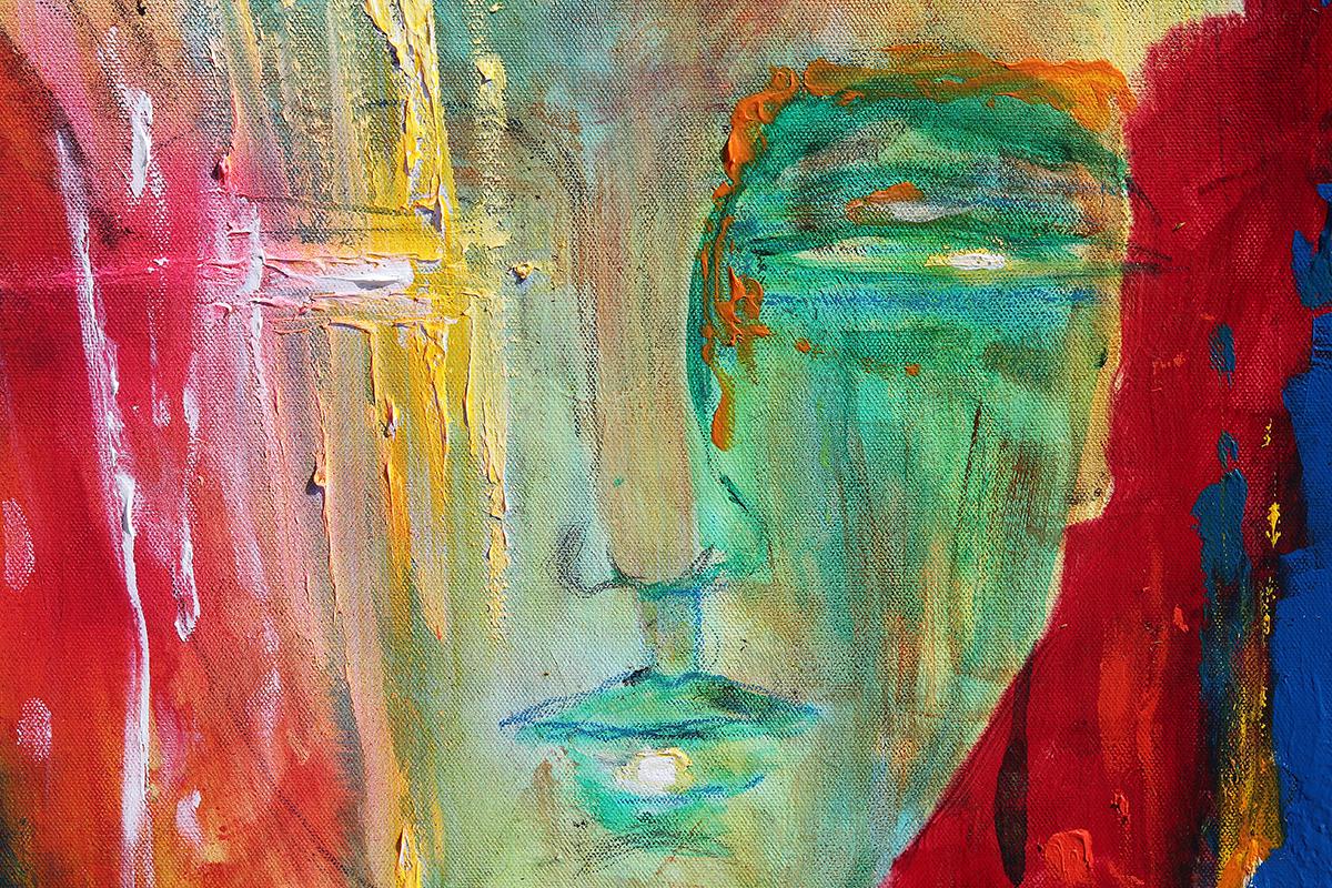 Colorful Contemporary Abstract Green, Red, Yellow & Blue Portrait of a Figure  - Brown Figurative Painting by Larry Martin