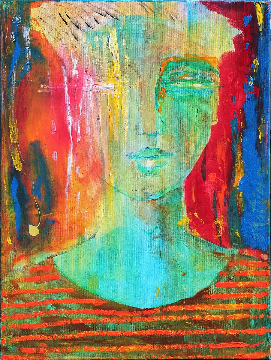 Colorful Contemporary Abstract Green, Red, Yellow & Blue Portrait of a Figure 