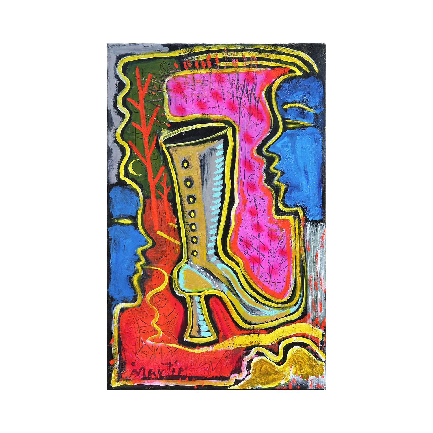 Larry Martin Figurative Painting - Contemporary Abstract Blue, Pink, Yellow, & Red High Heel Boot Figure Painting