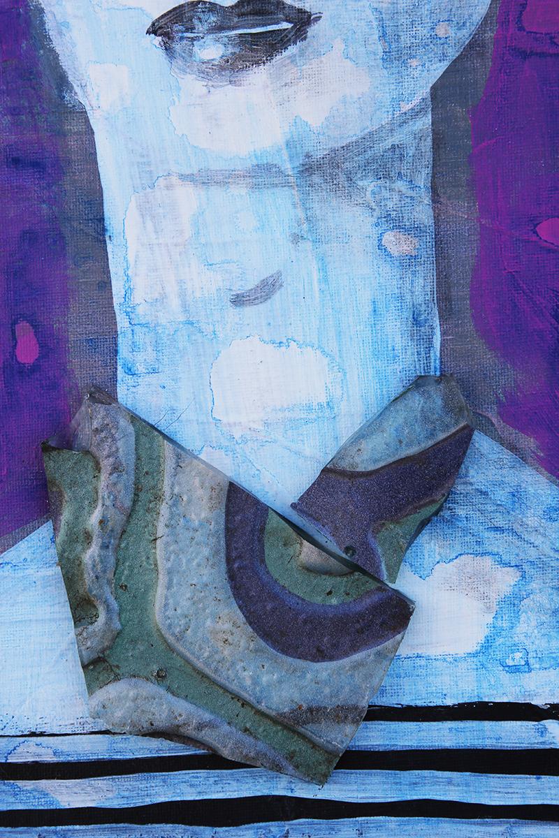 Contemporary Abstract Blue & Purple Found Object Portrait Painting in Sunglasses 4