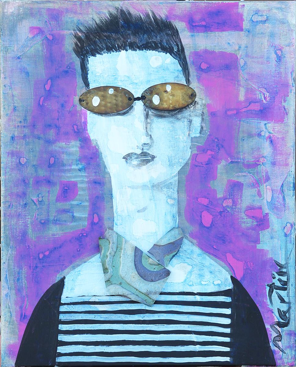 Contemporary Abstract Blue & Purple Found Object Portrait Painting in Sunglasses