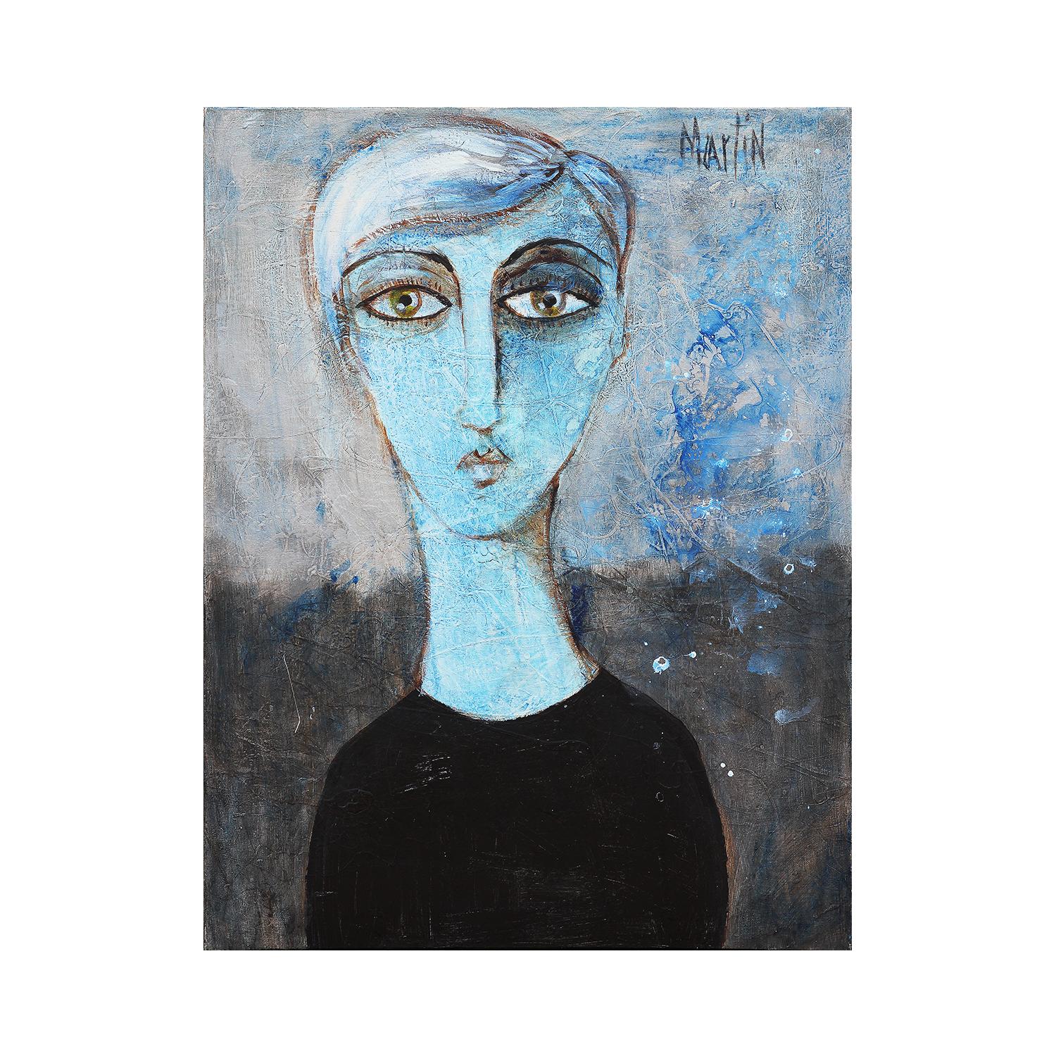 Contemporary Abstract Blue Toned Portrait Painting of Large Eyed Figure - Gray Figurative Painting by Larry Martin