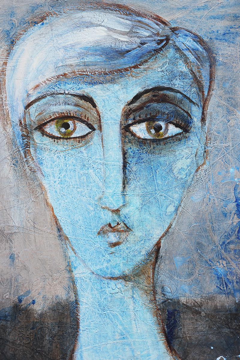 Abstract portrait painting by contemporary Houston artist Larry Martin. The work features a blue toned figure with large eyes wearing a black shirt against an abstract background. Signed by artist in front upper right corner. Currently unframed, but