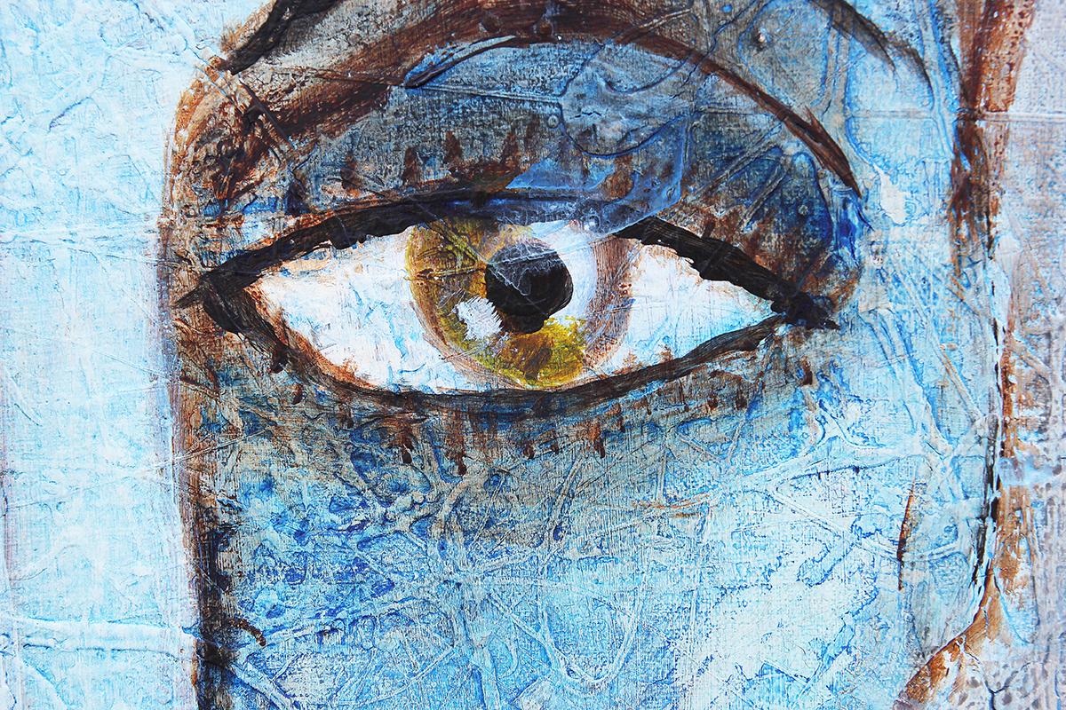 Contemporary Abstract Blue Toned Portrait Painting of Large Eyed Figure 3