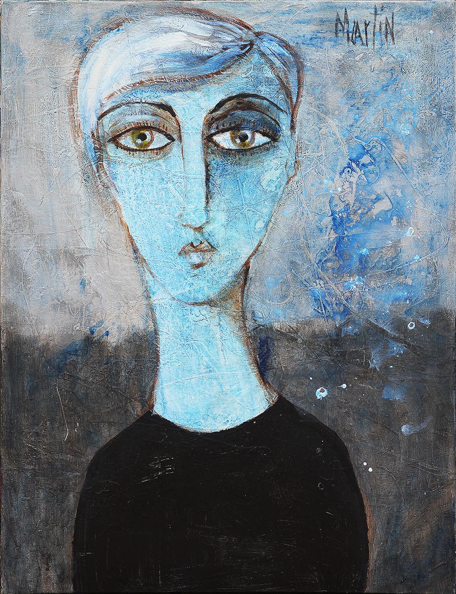 Contemporary Abstract Blue Toned Portrait Painting of Large Eyed Figure