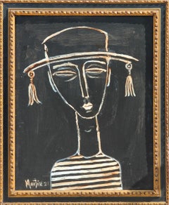 Contemporary Abstract Brown and Black Contour Line Painting of a Figure in a Hat