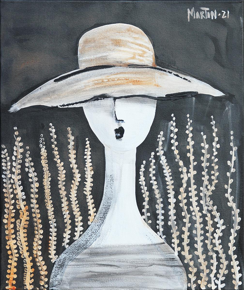 Contemporary Abstract Brown and Black Contour Line Painting of a Figure in a Hat