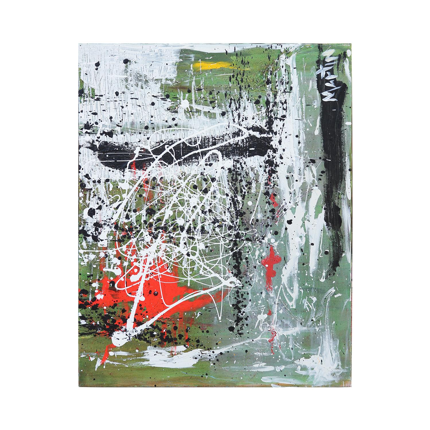 Contemporary Abstract Expressionist Green, White, and Red Diptych Painting 6